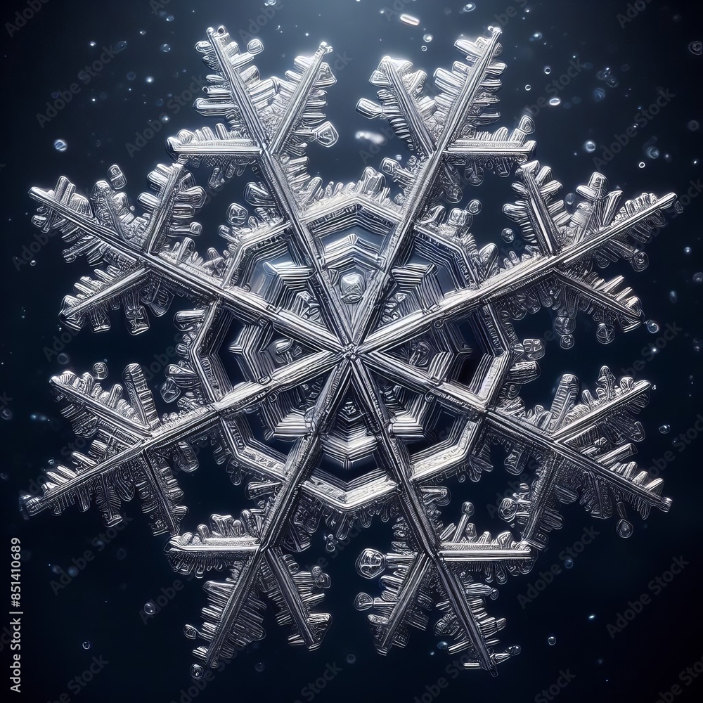 Poster an extreme close-up of a beautifully symmetrical snowflake, showcasing its detailed and unique cryst