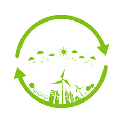 Sustainable development with reuse, recycle, renew for carbon reduction, net zero, green energy, eco friendly concept, vector illustration