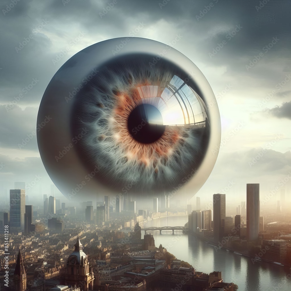 Poster a surreal scene featuring a giant eye hovering above a modern cityscape, merging human elements with