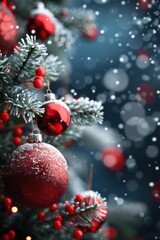 Red Christmas Ornament Hanging on Snowy Evergreen Branch