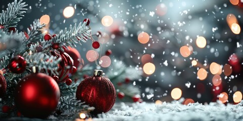 Red Christmas Ornament Hanging on Snowy Evergreen Branch