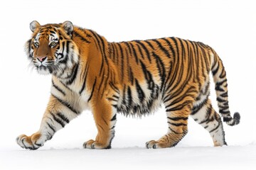 Fototapeta premium Side view of a majestic tiger walking away isolated on white background, detailed and powerful