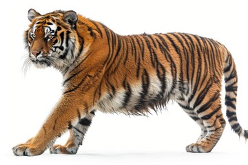 Obraz premium Side view of a majestic tiger walking away isolated on white background, detailed and powerful
