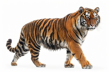 Fototapeta premium Side view of a majestic tiger walking away isolated on white background, detailed and powerful