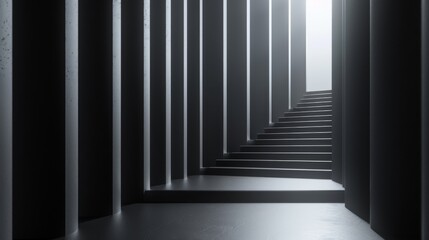 Parallel vertical columns flank a pathway leading to stairs ascending towards a bright light