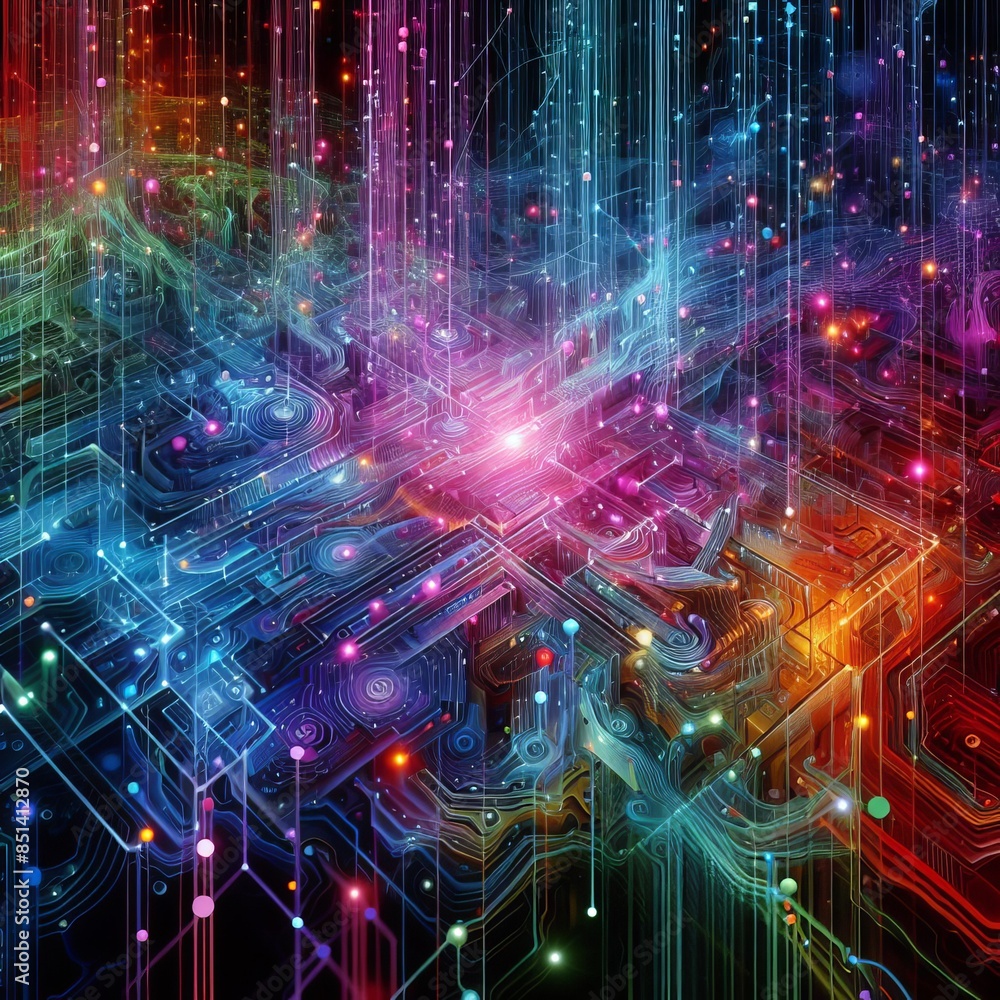 Poster a high-tech digital circuit board, vividly illuminated with neon colors, creating a dynamic and futu
