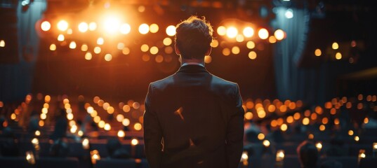 Back view of a professional businessman in a stylish suit standing confidently under a stage setup, isolated on white background
