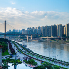Fototapeta premium This is the Shimen Bridge photographed in the Jialing River, and under the bridge is a pier, which has now been closed to protect the environment.