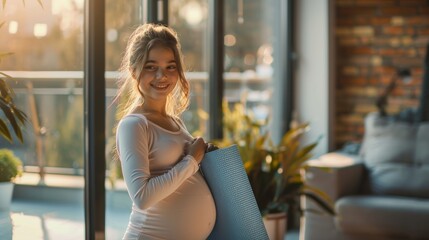 smiling pregnant woman holding a yoga mat, standing in a sunlit room with plants, radiating health and happiness, representing a healthy lifestyle and prenatal fitness