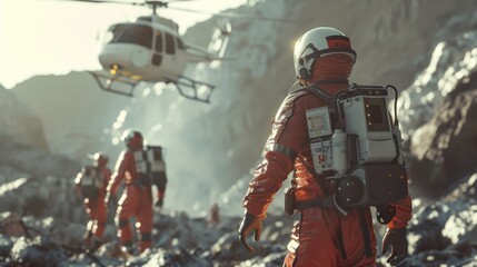 Fototapeta premium group of rescue workers in orange suits walking towards a helicopter in a rocky, mountainous area