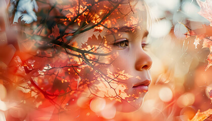 A girl's face is shown in a painting of leaves