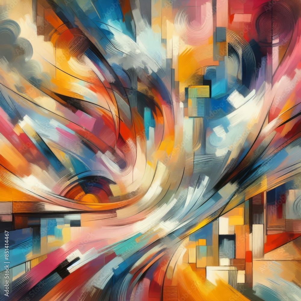 Poster an abstract composition featuring flowing lines and color blocks, blending vibrant hues and geometri