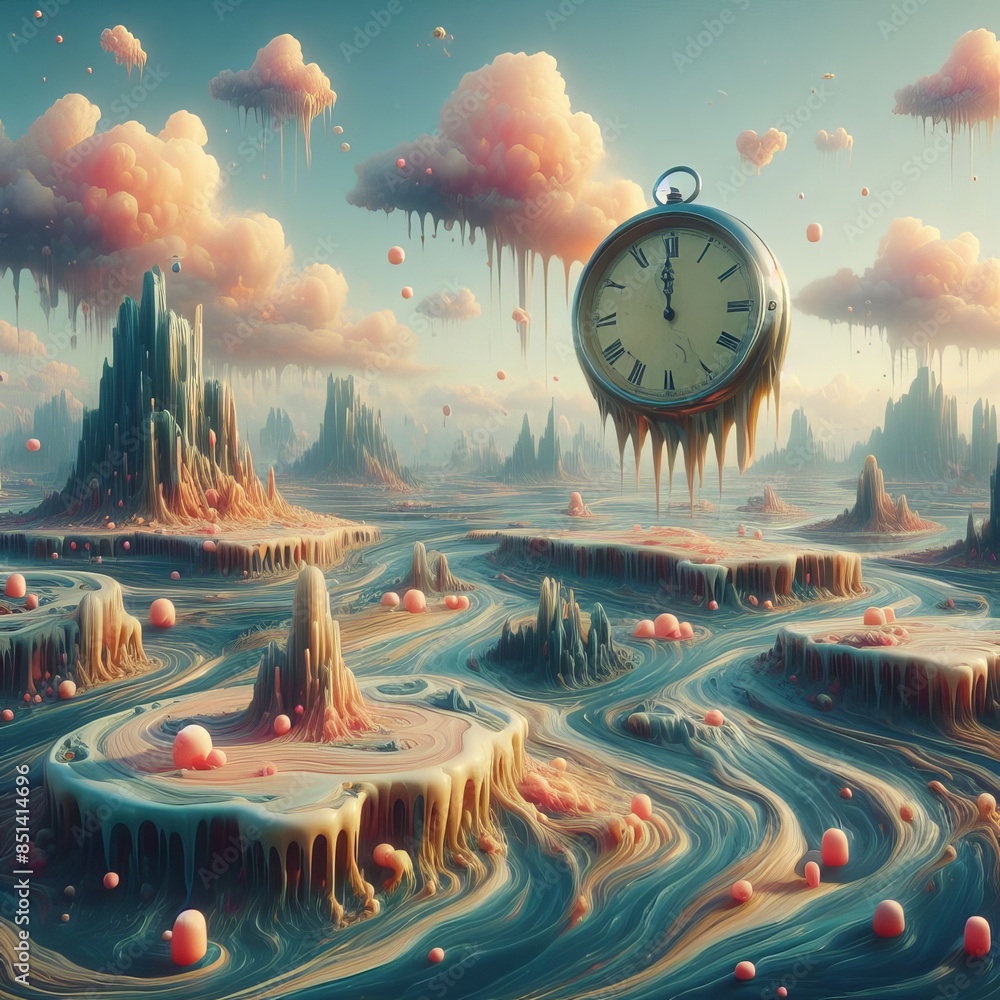 Poster a surreal, dreamlike landscape with melting clocks and floating islands, creating a whimsical and ot
