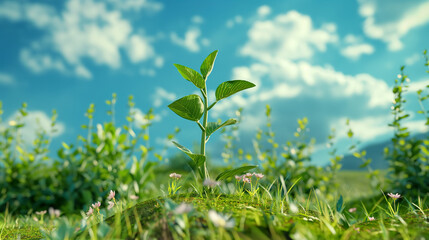 Obraz premium Fresh green sprouting trees growing on the grass, blue sky background. And it is a symbol of the struggle for new life. ecological concept