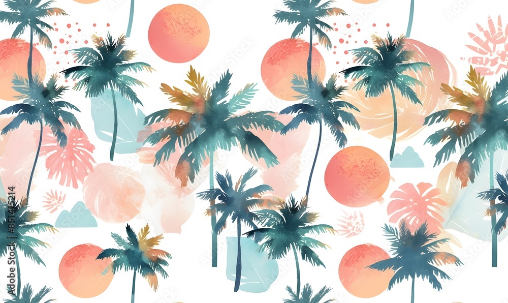 Wall mural summer tropical palm trees and sun on white background, generative ai - Wall murals