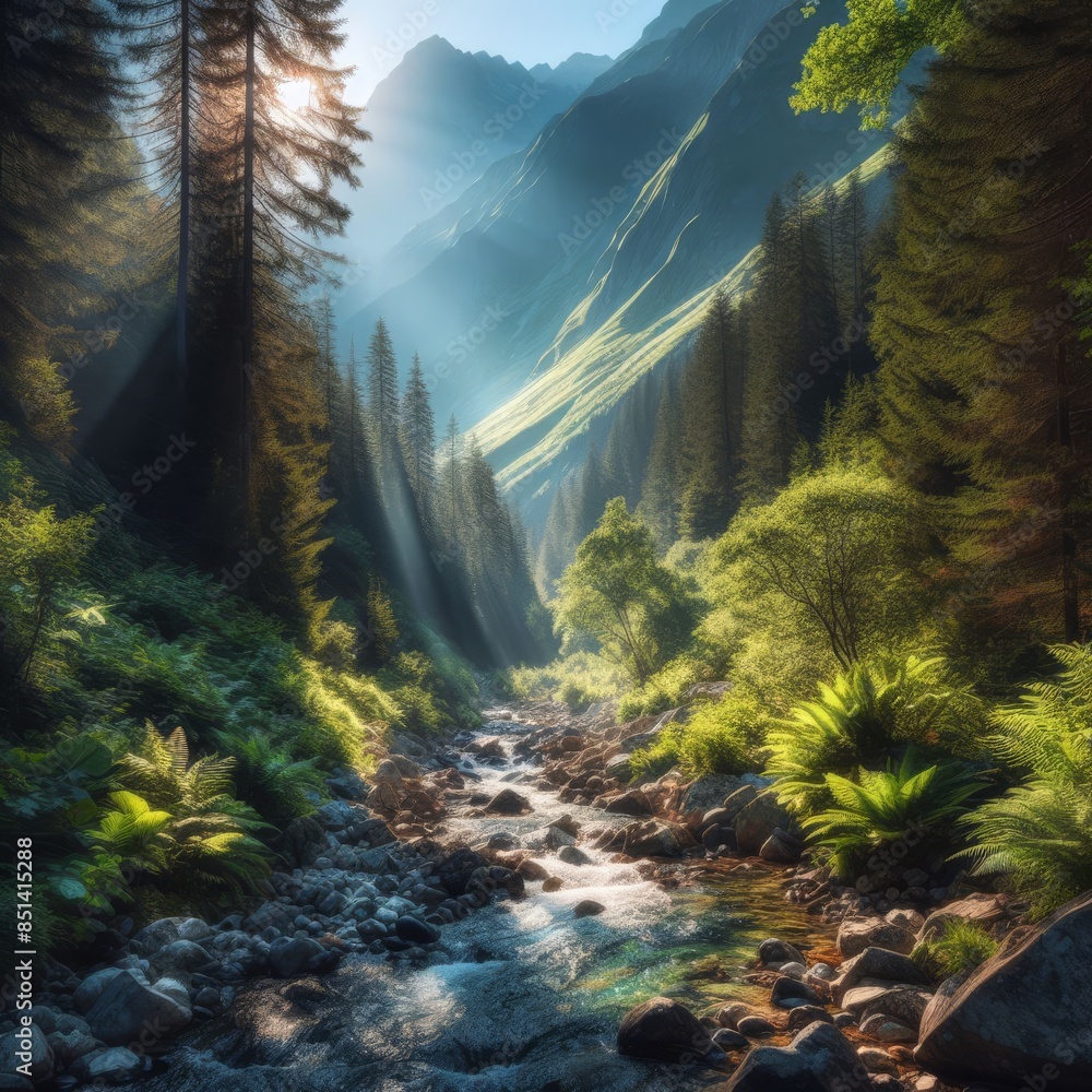 Poster sunlight illuminates a forest stream flowing through a mountain valley, surrounded by dense greenery