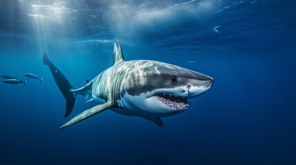 Fototapeta premium Majestic Great White Shark Dominating the Depths of the Ocean