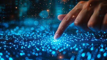 A close-up of a hand touching illuminated particles, resembling advanced technology or magic