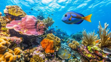 Fototapeta premium Serene Blue Tang Swimming Among Colorful Coral Reefs in Vibrant Underwater Scene