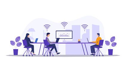 Business team, group of flat vector illustrations and working together in office workplace concept. in business improvement Co-working space internet communication