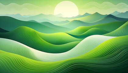 Obraz premium Digital Illustration of Rolling Green Hills and a Bright Sun