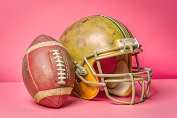 Fototapeta premium Vintage American Football Helmet and Ball on Pink Background