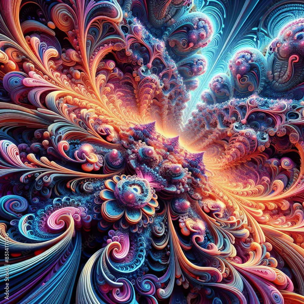 Poster a stunning fractal artwork bursting with vibrant colors, featuring intricate swirls and detailed pat