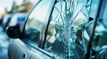 Close up view on a heavily shattered windshield of a car. The car crashed. Inside the car, the windshield was shattered. Image for car, vehicle, transportation, accident concept.