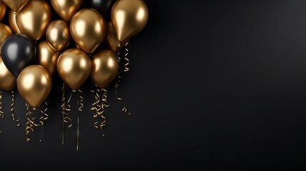 Fototapeta premium Gold balloons bunch on black wall background - birthday celebration concept