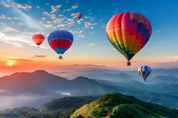 Naklejka premium Colorful hot air balloons flying in the blue sky,3D rendering, A Vibrant and Magical Scene Assorted color Hot Air Balloons on a Golden Hour Grass Field, Hot Air Balloon Soars Against the Sunset Sky 