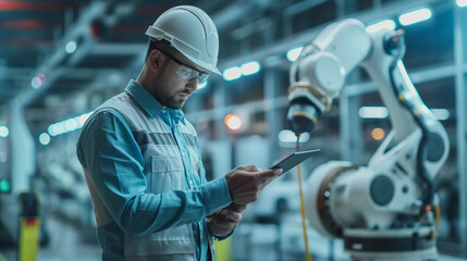 Automation engineers use tablets to program robot arms in a smart factory for digital factory production technology showing industrial automation processes.