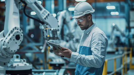 Automation engineers use tablets to program robot arms in a smart factory for digital factory production technology showing industrial automation processes.