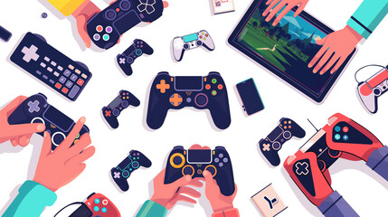  Vector playing video games on different hardware platforms, white background copy space virtual reality technology Web gamers play online games with consoles.