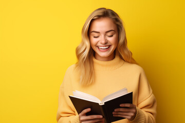 Young pretty blonde girl over isolated colorful background holding a book