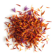 Fototapeta premium Pile of Dried Safflower, Saffron top view isolated on white background