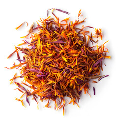 Fototapeta premium Pile of Dried Safflower, Saffron top view isolated on white background