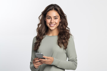 Fototapeta premium Young pretty brunette girl over isolated white background using mobile phone