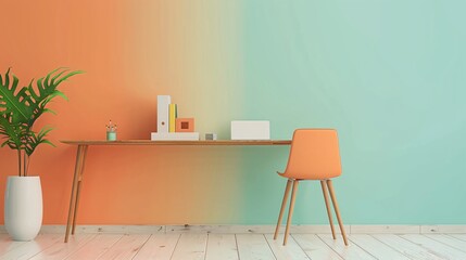 Keep your workspace clean and organized with a creative work desk and chair against an empty pastel orange wall
