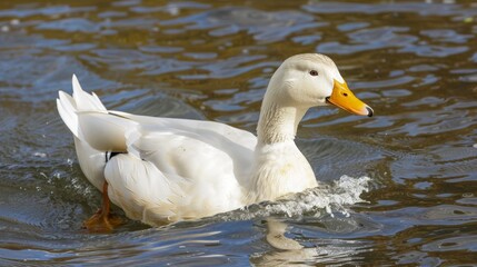White Duck Swimming in a Rippling Pond