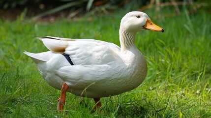 Obraz premium A White Goose Stands in a Lush Green Meadow