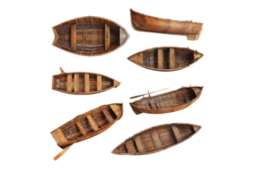 Collection of wooden boats isolated on transparent back ground