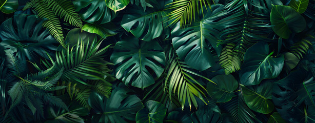 Abstract texture of green tropical leaves, ferns and monstera in a dark forest nature background.