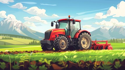 Obraz premium green field tractor cult , tractor driving through field cult symbolism 