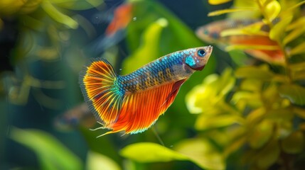 Obraz premium Vibrant Guppy with Colorful Fan-shaped Tail in Lively Aquarium Setting