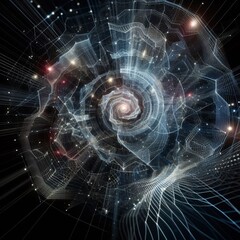 This abstract digital artwork illustrates a spiral representing AI and data flow. The intricate patterns and dynamic design highlight the complexity and endless possibilities of artificial