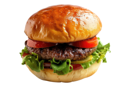 Delicious single beef burger showcased isolated on transparent background