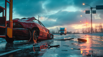 car accident frontal collision and covers heavy damage on the road.