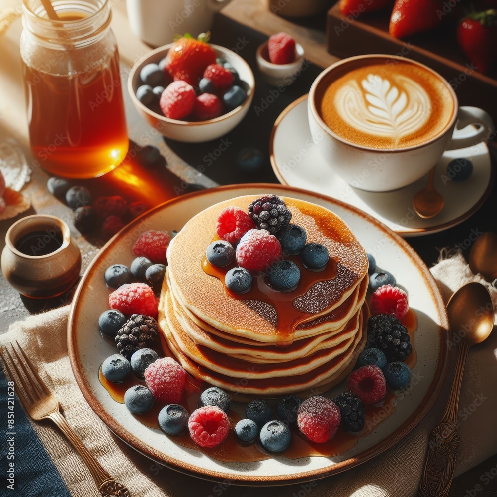 Poster a stack of fluffy pancakes adorned with a variety of fresh berries and drizzled with syrup. accompan