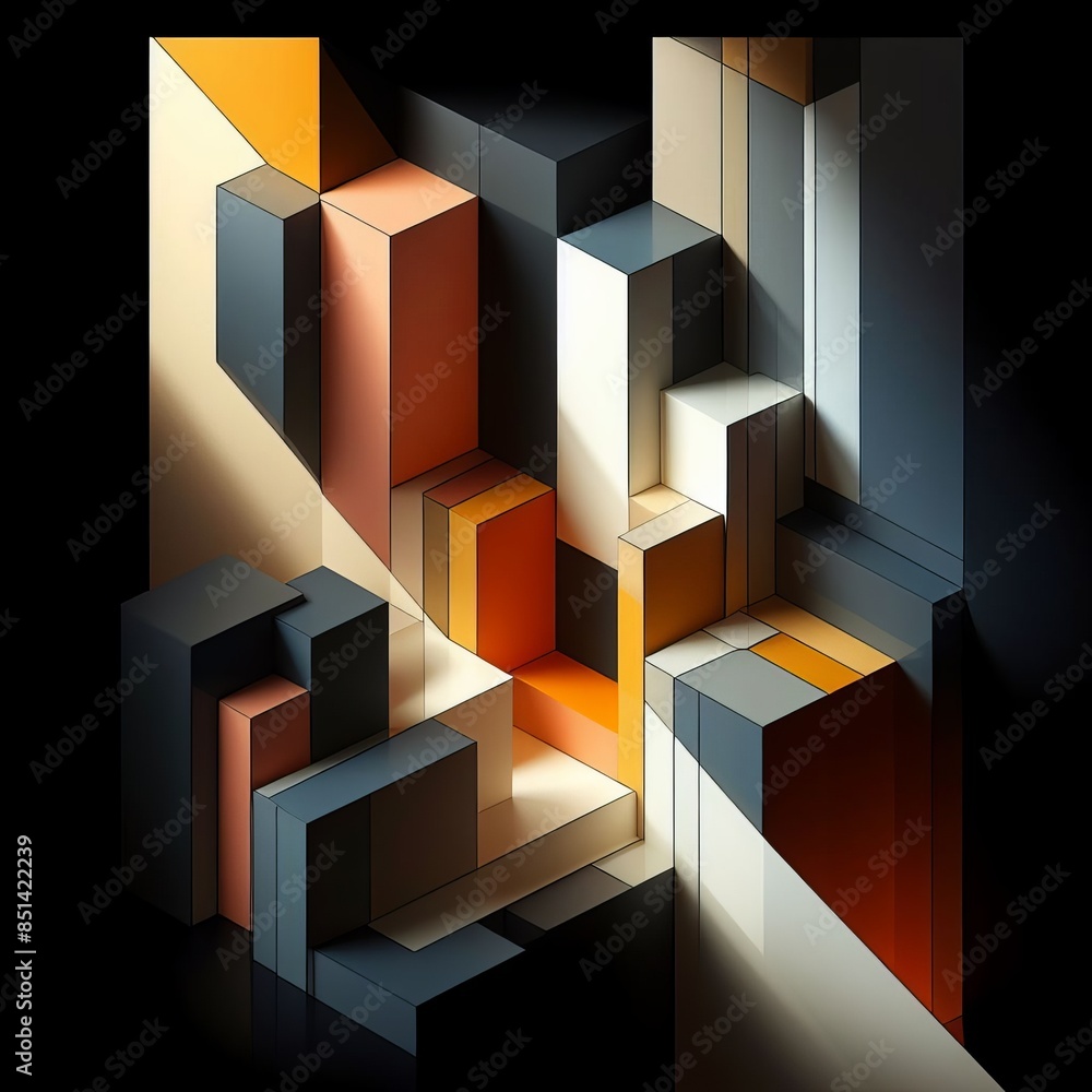 Poster an intricate arrangement of geometric blocks in various shades, casting dynamic shadows on a black b