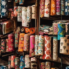 Market stall brimming with rolls of patterned textiles, each displaying unique designs and colors, great for stories on trade, markets, and craftsmanship